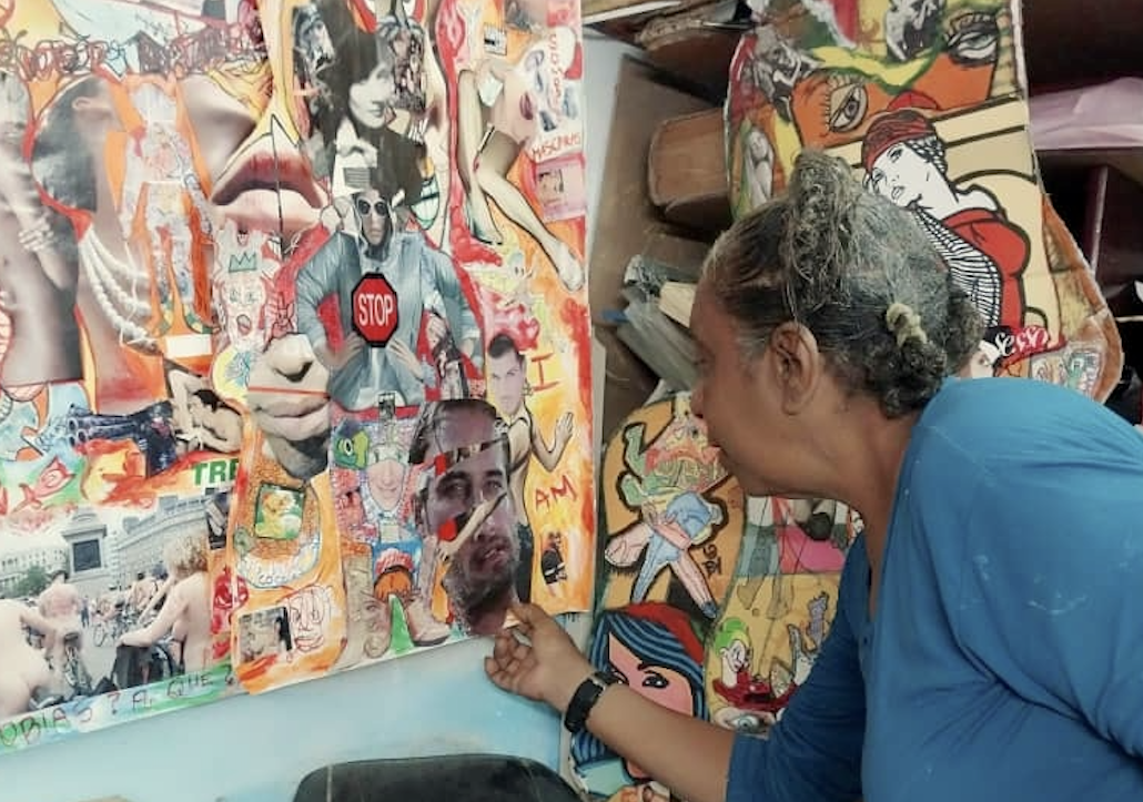 Gloria de la Caridad García reworks discarded ICAIC film posters, layering pen drawings and cut fragments over damaged prints.