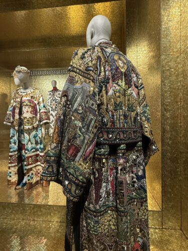 A mosaic-like embroidered jacket required the constant work of five artisans over seven months and is in the exhibition "From the Heart to the Hands: Dolce & Gabbana" now at ICA Miami through June. (Photo by Jane Wooldridge)
