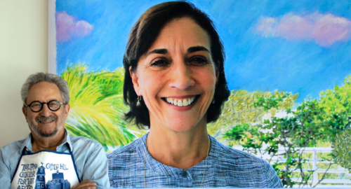 Raymond Elman with his portrait of former Miami City Ballet Artistic Director Lourdes Lopez. (Photo courtesy of the Arsht Center)